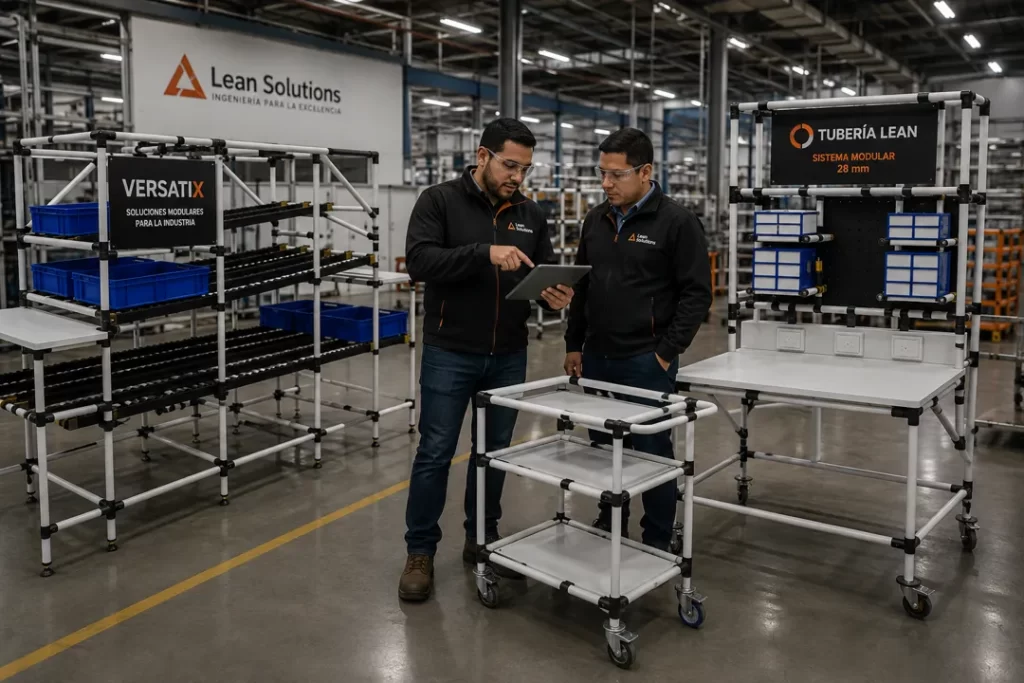 Ingenieros de Lean Solutions analizando un proyecto industrial frente a soluciones VERSATIX y Tubería Lean para optimizar procesos de manufactura y logística.