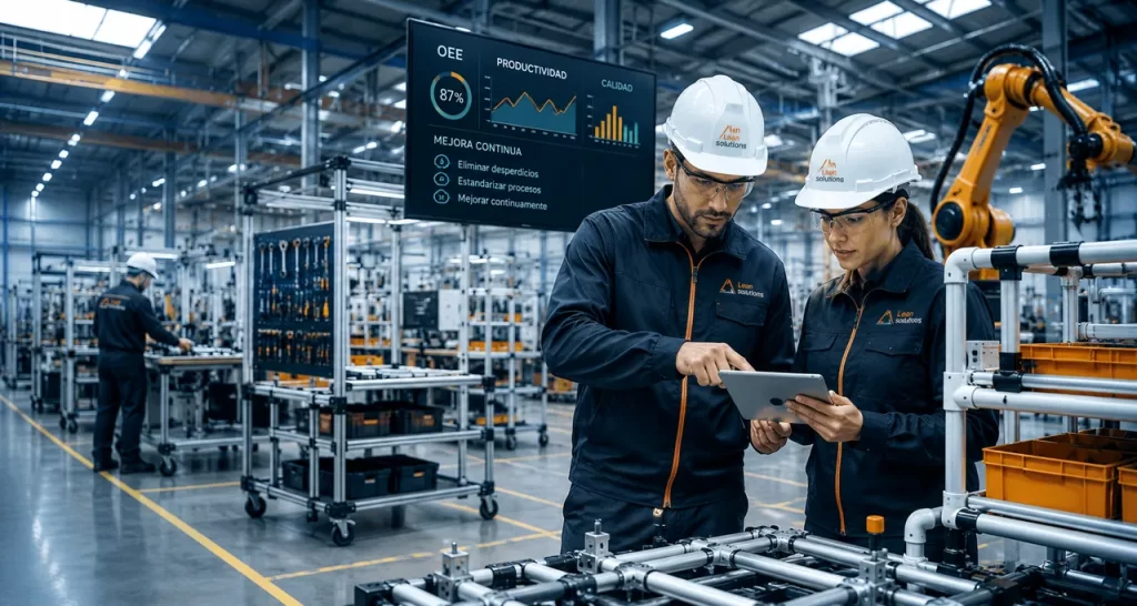 Ingenieros de Lean Solutions analizando procesos de manufactura en una planta industrial moderna con sistemas Lean, automatización e indicadores de productividad.