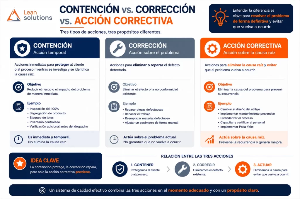 Diferencia entre contención, corrección y acción correctiva en metodología 8D