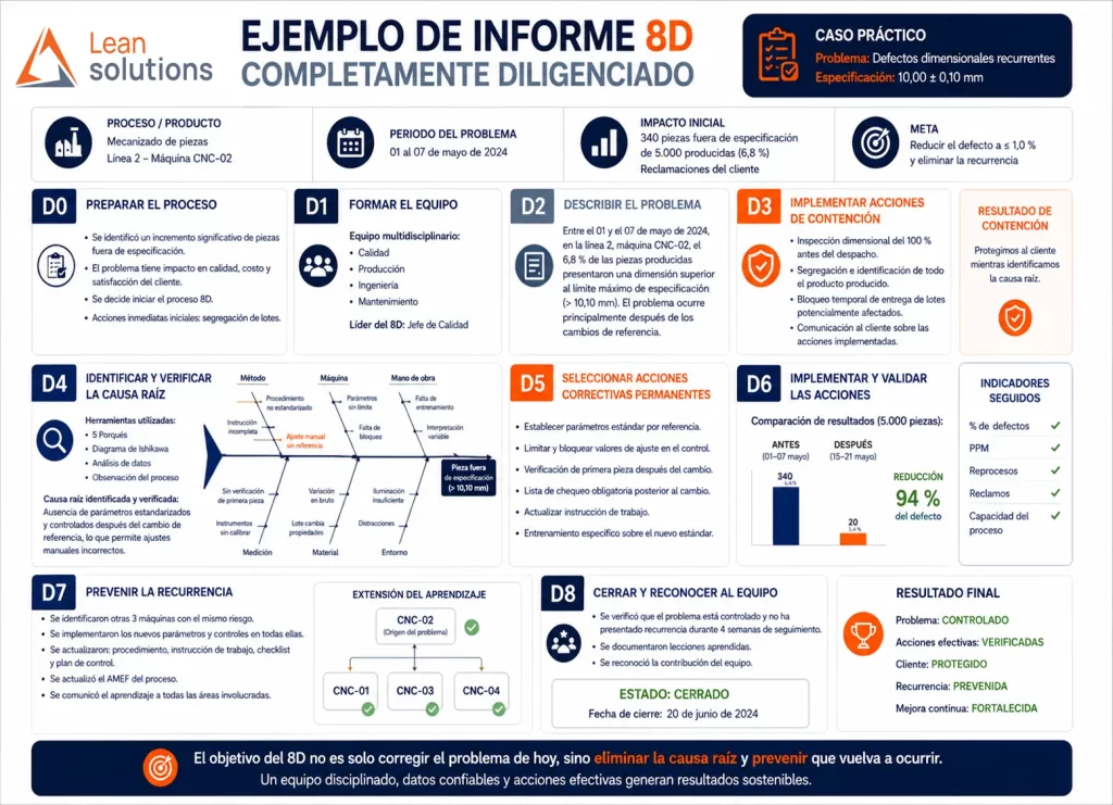 Ejemplo de informe 8D diligenciado para resolver un problema de calidad