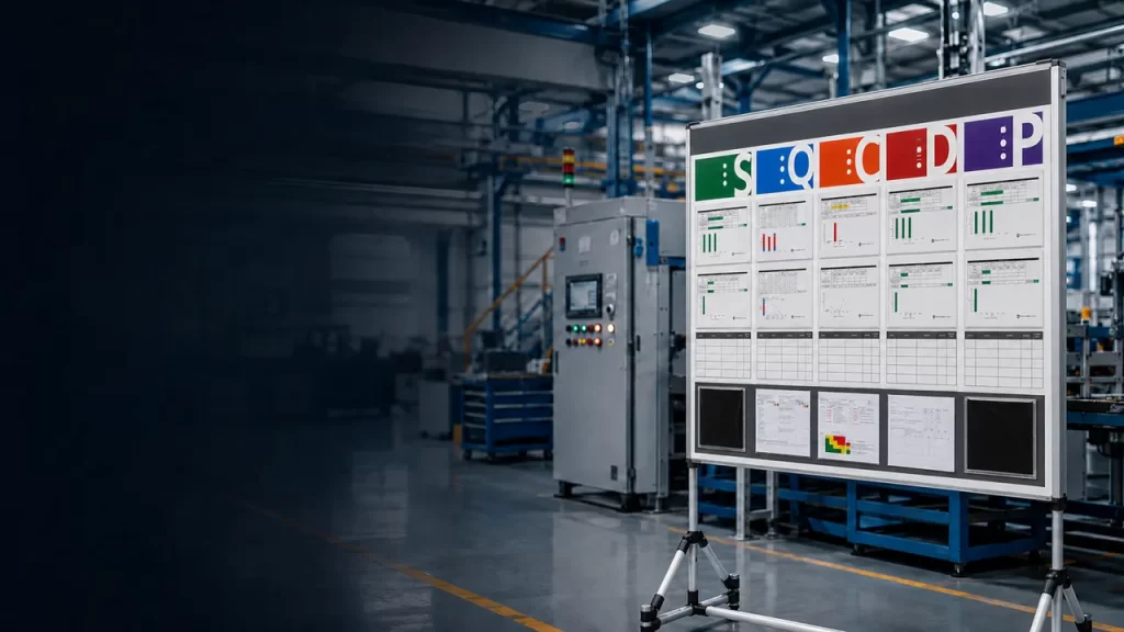 ablero de gestión visual industrial personalizado instalado en una planta de producción