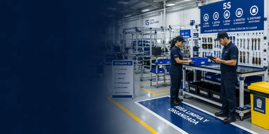 Implementación de la metodología 5S en una planta industrial con puestos de trabajo organizados y gestión visual