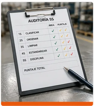 Auditoría 5S para evaluar clasificación, orden, limpieza, estandarización y disciplina