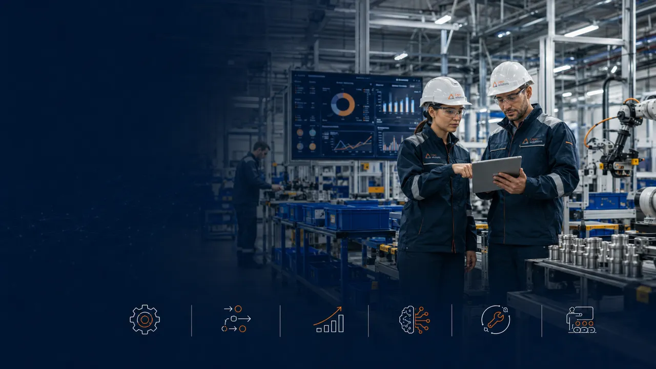 Ingenieros de Lean Solutions analizando datos y procesos en una planta industrial con inteligencia artificial aplicada