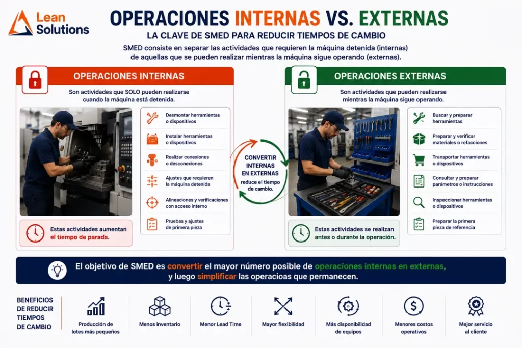 Infografía que explica la diferencia entre operaciones internas y externas en SMED, mostrando cuáles actividades requieren la máquina detenida y cuáles pueden realizarse mientras continúa operando para reducir el tiempo de cambio.