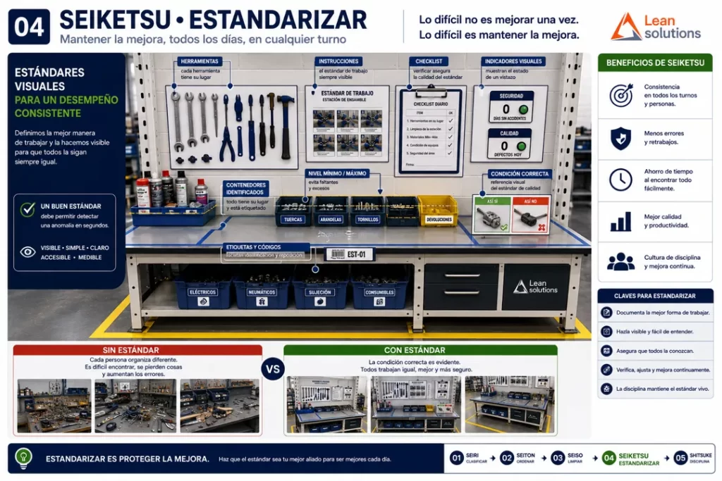Ejemplo de Seiketsu en 5S con puesto de trabajo estandarizado mediante gestión visual, herramientas identificadas, checklist y controles visuales.