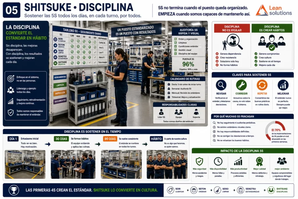 Ejemplo de Shitsuke en la metodología 5S para mantener estándares mediante disciplina, auditorías, rutinas y mejora continua.