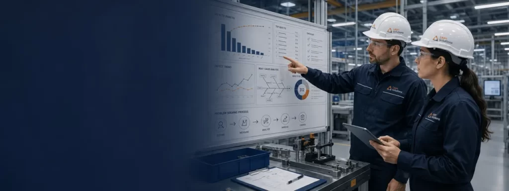 Ingenieros de Lean Solutions analizando calidad, defectos y causas raíz en una planta industrial
