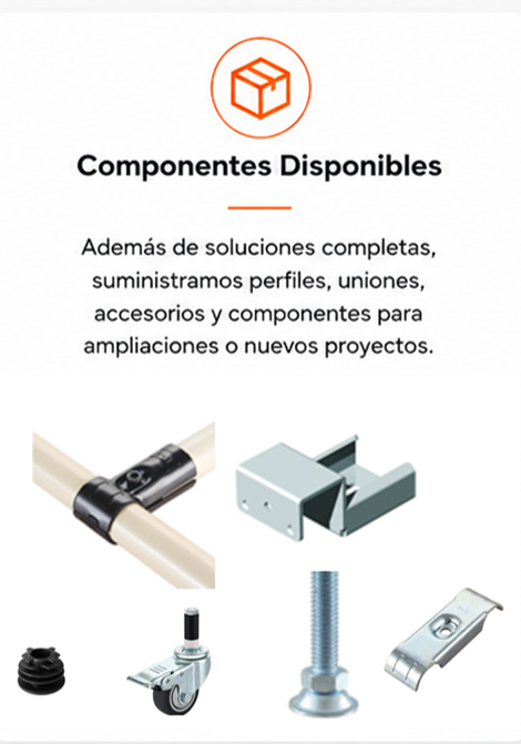 Componentes industriales originales de Lean Solutions para los sistemas VERSATIX® y Tubería Lean®, incluyendo perfiles, uniones, ruedas, niveladores, paneles, accesorios y elementos de fijación.