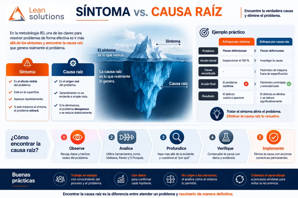 Diferencia entre síntoma y causa raíz en metodología 8D