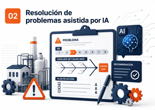 Aplicamos IA como copiloto en AMEF, 8D, A3, 5 Porqués, Ishikawa y proyectos DMAIC, manteniendo la validación técnica humana.