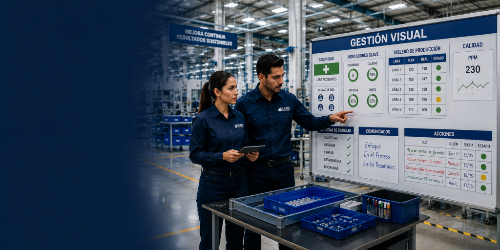 Equipo industrial utilizando gestión visual para controlar indicadores, producción, calidad y acciones de mejora